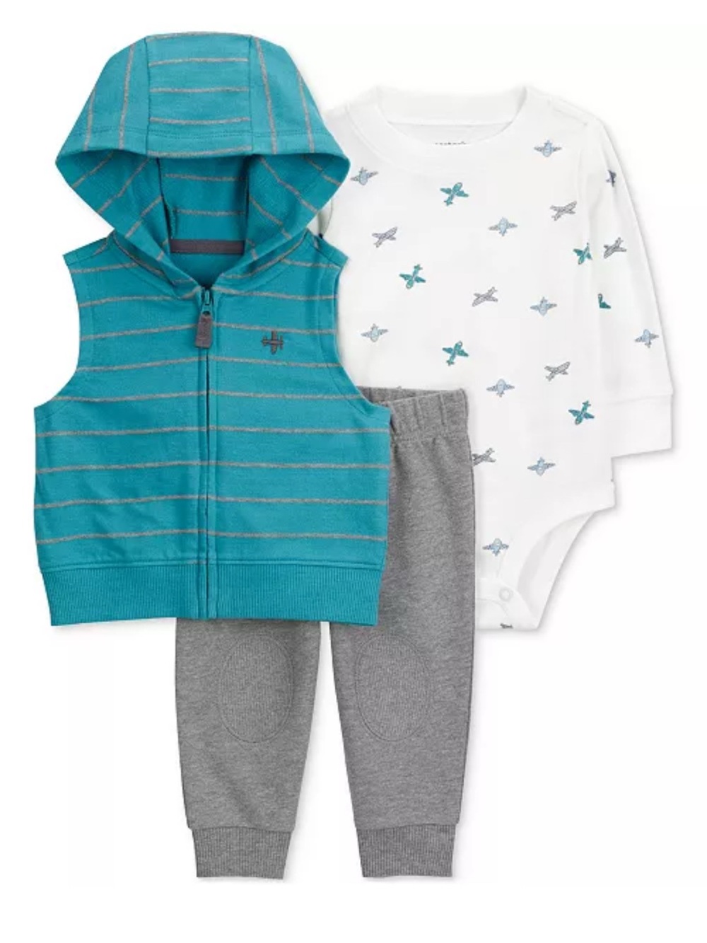 NEW 12mo Carter’s Baby Boys Airplane Hooded Vest, Bodysuit & Pants